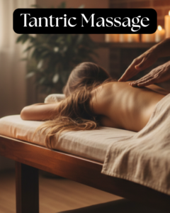 A woman receiving a back massage on a professional table with the text 'Tantric Massage' overlaid in a candlelit studio.