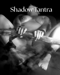 Black and white artistic image of a person in a state of somatic surrender with the text 'Shadow Tantra' overlaid, featuring elements of conscious restraint.